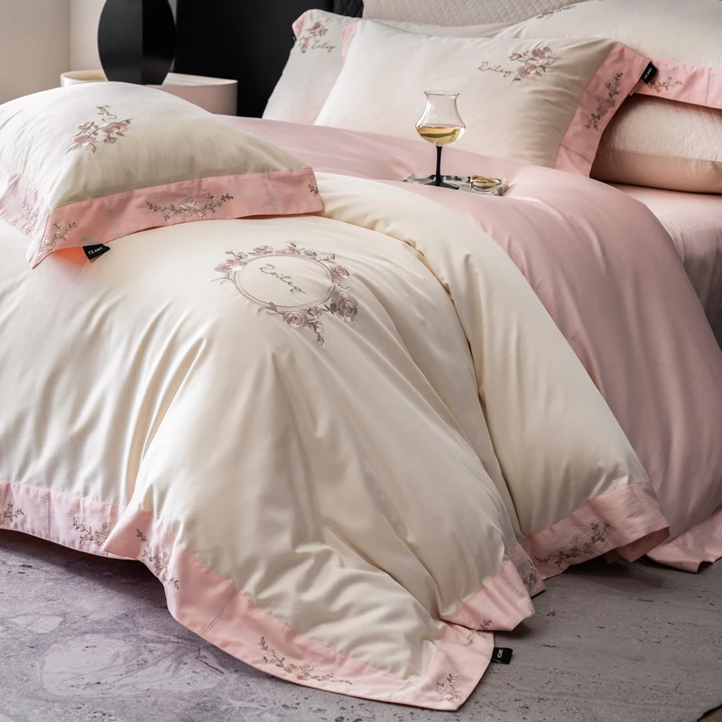 

Cream White Rose Embroidery Egyptian Cotton Bedding Set, Duvet Cover, Linen Fitted Sheet, Pillowcases, Home Textile