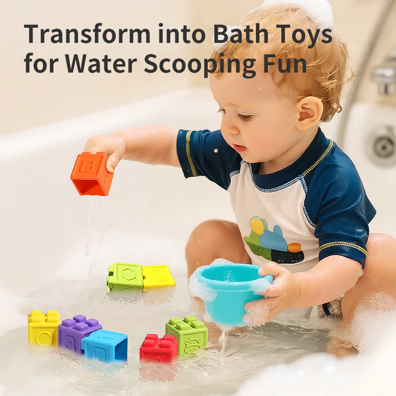 12/6개 아기 실리콘 블록 조기 학습 장난감 유아용 스퀴즈 스태커 큐브 블록 치아발육기 아기 목욕 장난감