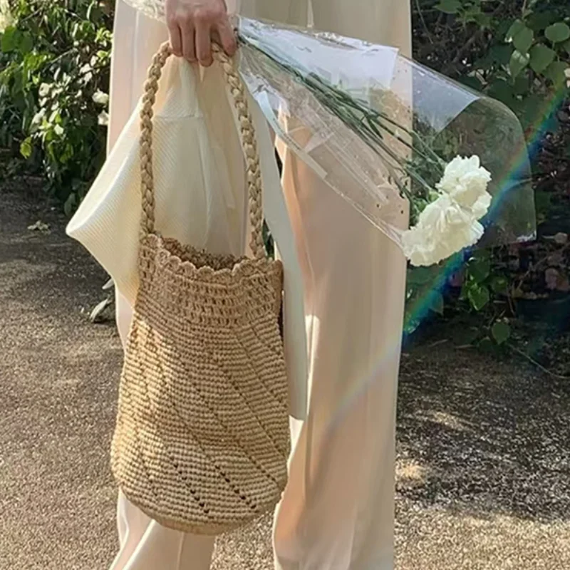 French Beach Straw Shoulder Bag, Diamond Woven Bucket, Wave Ruffle Handbag For Commute, Versatile Large Thick Strap Shopping Bag