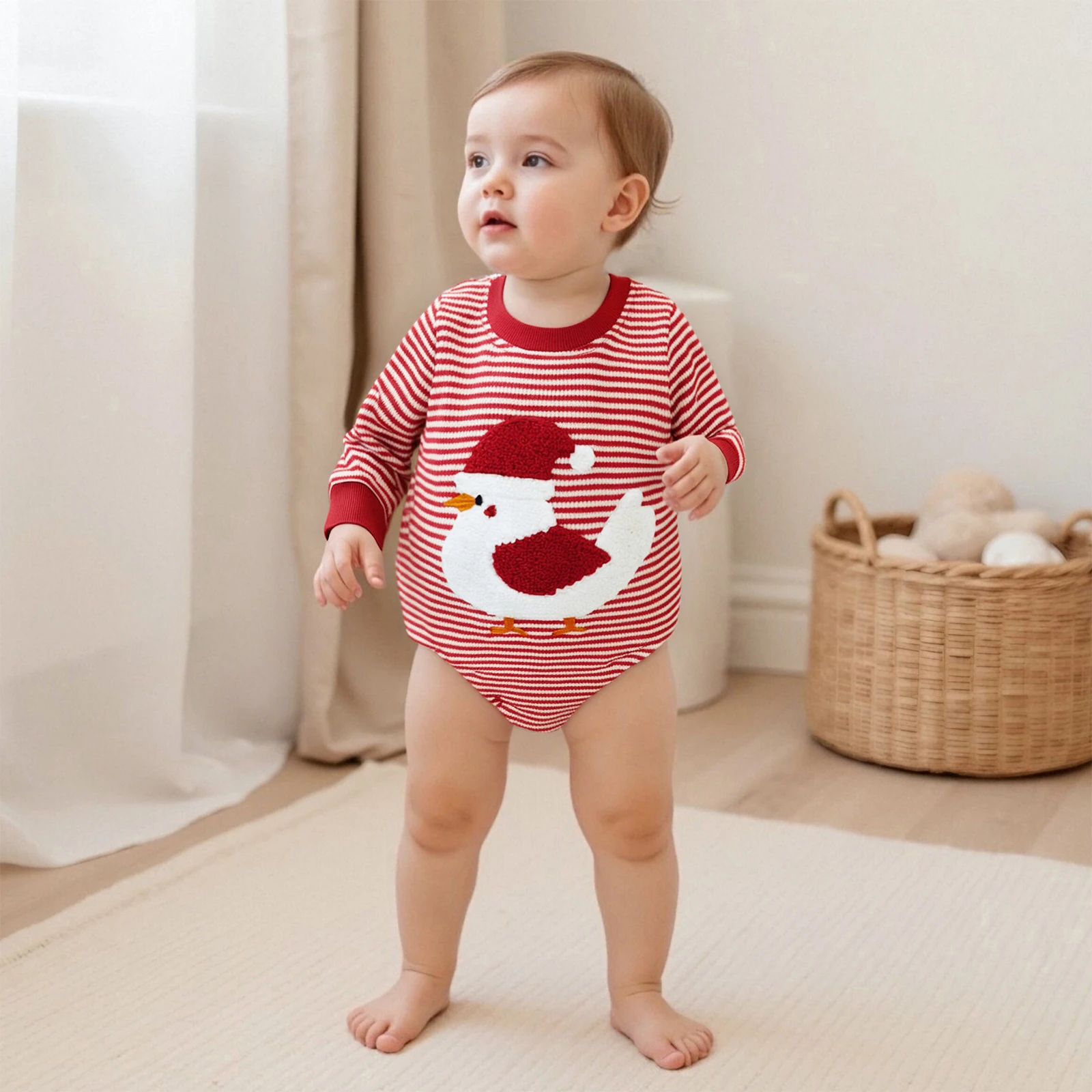 

Baby Christmas Sweatshirt Romper Long Sleeve Stripes Embroidery Chicken Fall Pullover Jumpsuit Clothes for Girls Boys