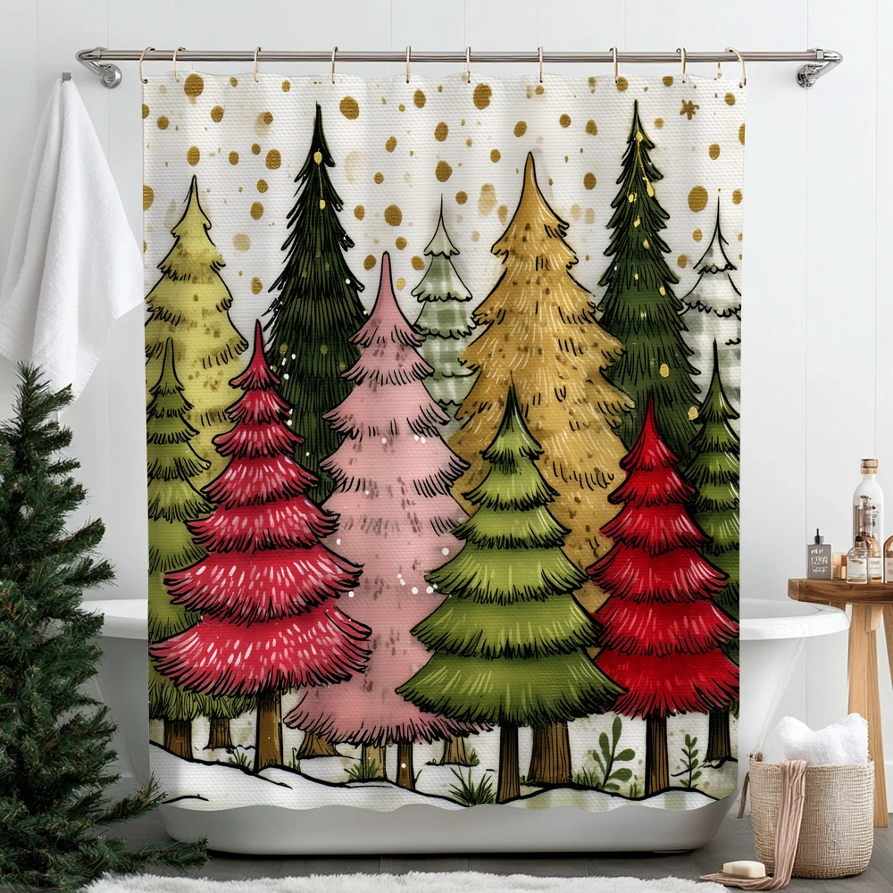 قطعة واحدة من ستارة الحمام المطبوعة بشجرة عيد الميلاد مع خطافات، قماش مطبوع لستارة تزيين عطلة المنزل #1