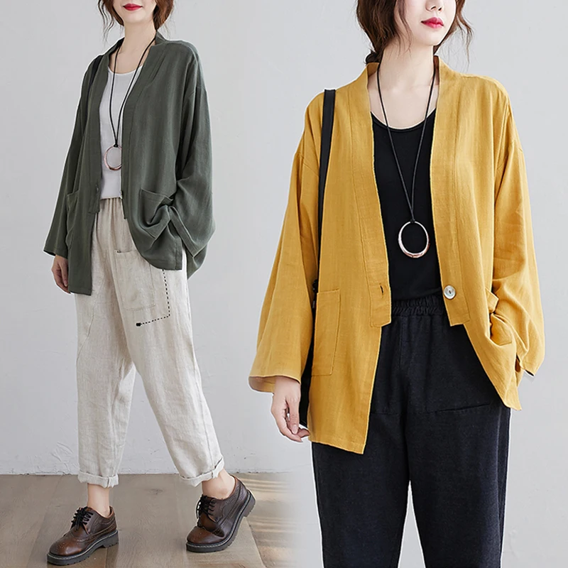 

Весенний однотонный хлопковый льняной открытый кардиган Jaet больших размеров, женский повседневный длинный женский топ на одной пуговице, большой размер