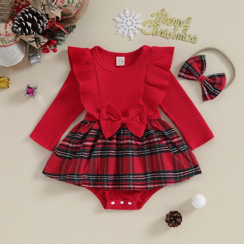 

Baby Girls 2Pcs Christmas Outfits Long Sleeve Bow Front Plaid Romper with Headband Set Newborn Clothes