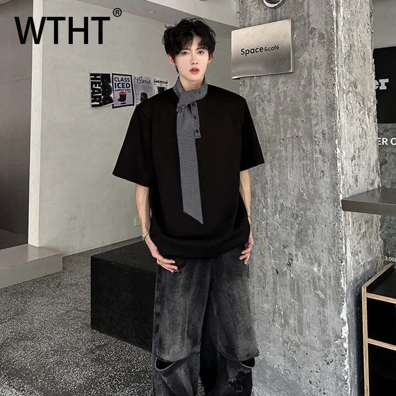 

WTHT Fashion Men's Spliced Stripe Tie Contrast Color T-shirts Trendy American Style Short Sleeves Tops Male 2025 Summer 2A1091