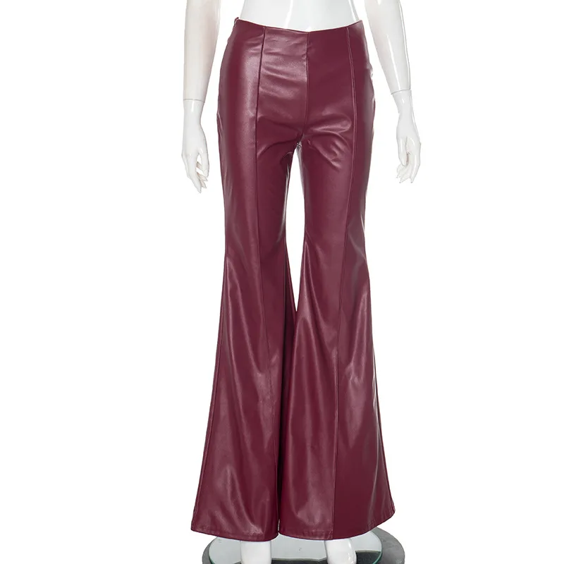 Kobiety Faux Leather PU Flare Pant High Waist Wide Leg Full Length PU Trousers Casual Elegant Vintage Streetwear PU Pants 2024