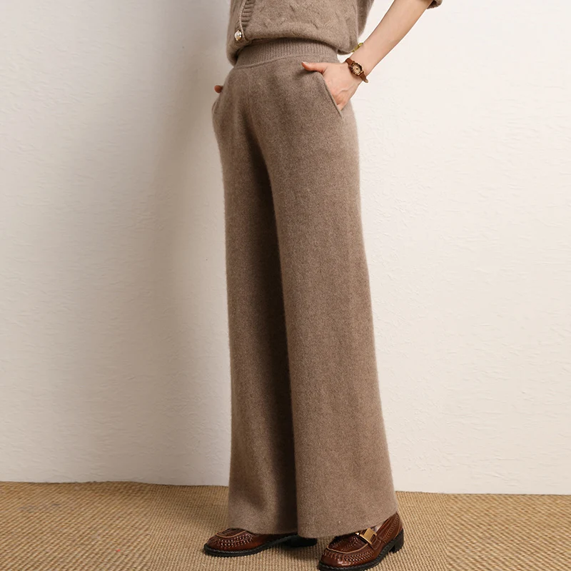 2022 New Autumn Winter Women 100% Cashmere Pants Soft Comfortable High-Waist Knitted Female Cashmere Thicken Wide Leg Pants