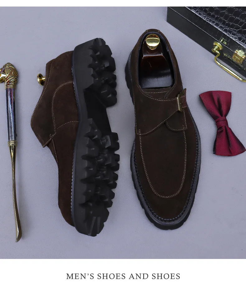 Vintage Matte Suede Monk Dress Shoes 2 Colors Black Brown Adjustable Metal Buckle Thick Sole Daily Casual Shoes Match Chinos New
