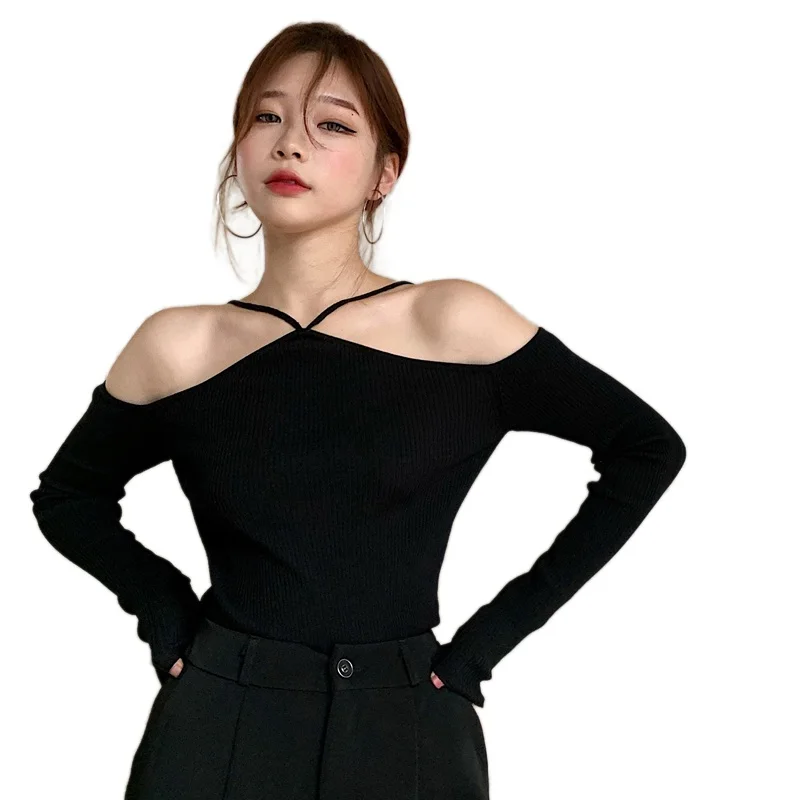 Women's Tops Korean Tops Slim Sexy Halter Off Shoulder Solid Color T-shirt