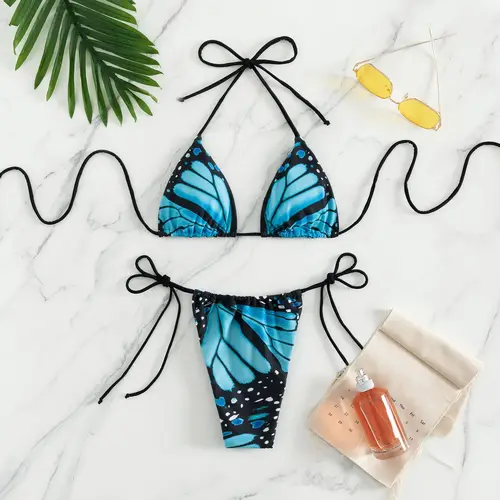 Imagen 1 del producto Conjunto de microbikini con estampado de mariposa para mujer, traje de baño Sexy con cordón halter, traje de baño de dos piezas, trajes de playa