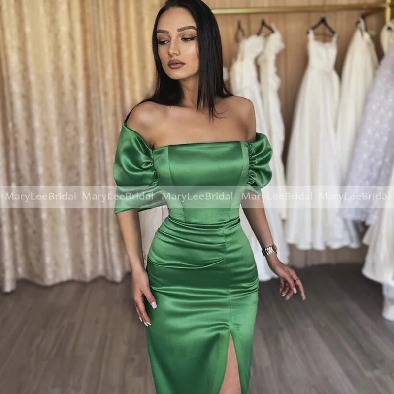 Green Satin Mermaid Prom Dresses Off the Shoulder Short Sleeve Side Split Formal Party Dress Vestido De Fiesta de graduación