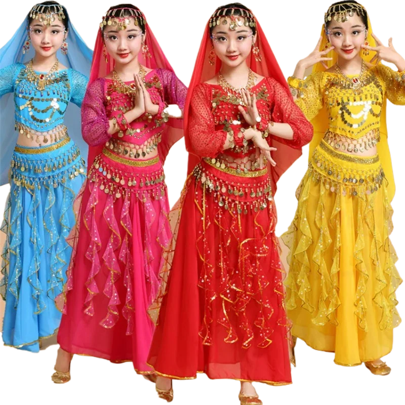 Disfraz de danza del vientre étnica india de Xinjiang egipcio para niños, vestido de manga larga para niñas y niños pequeños