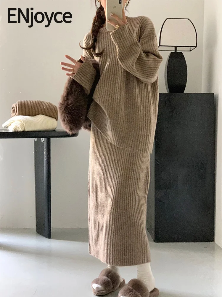 

ENjoyce Women Autumn Winter Knitted Pullover Sweater and Elastic Waist Long Skirt 2 pieces Set Korean Fashion Knitwear Outfits