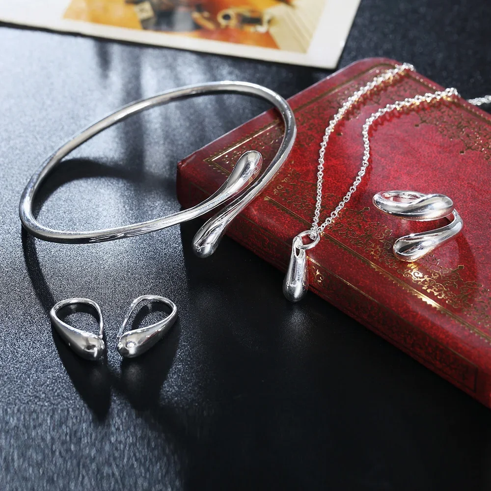 

Fine 925 Sterling Silver Set for Women Lady Wedding Party Water Drop Necklace Earrings Bangles Ring Fashion Jewelry Sets