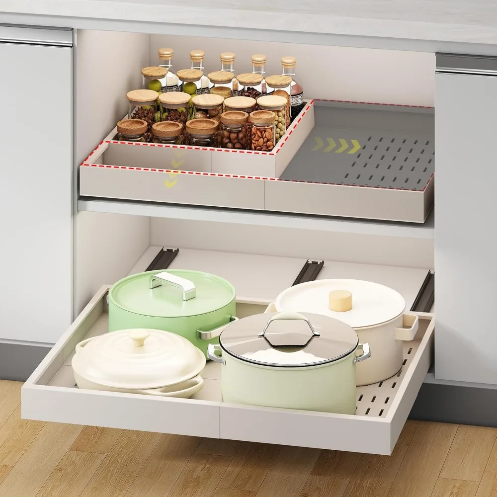 

Expandable Pull Out Drawer Organizer 14 to 21 Inch Width 17 to 24 Inch Depth No Drill Kitchen Pantry Cabinet Shelf White