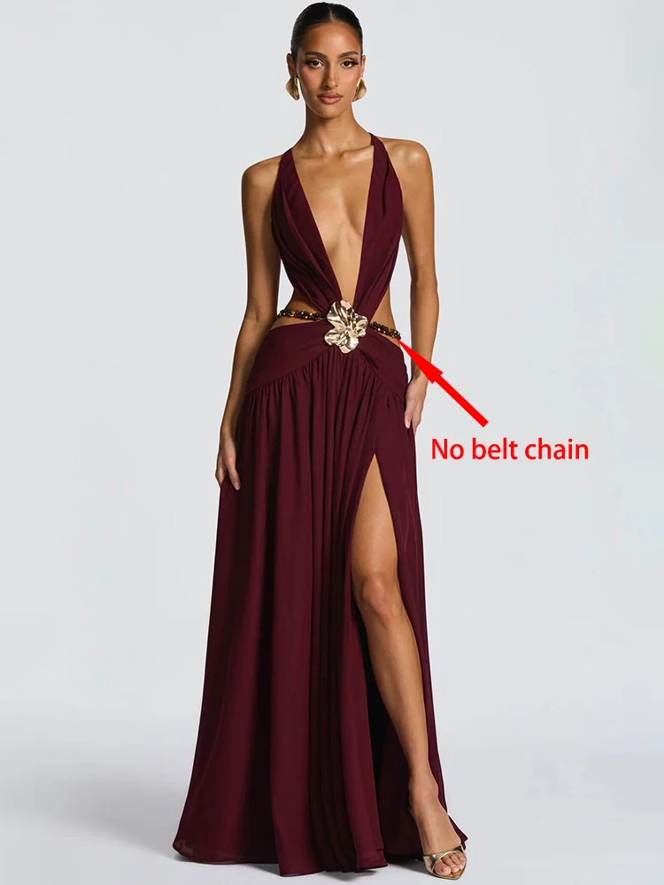 Mozision uitgehold diepe v-hals sexy maxi-jurk damesjurk metalen gesp mouwloos backless dij hoge split club feestjurken