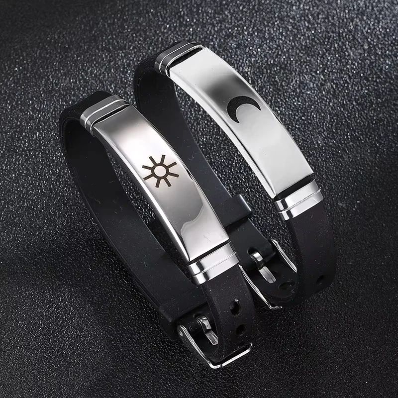 2pcs/set Minimalist Sun Moon Engraved Couple Bracelet Soft Silicone Strap Stainless Steel ID Bracelets Waterproof Bracelets