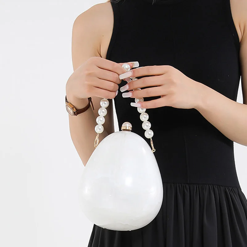 

Unique Acrylic Eggshell Clutch Bag Pearlescent Pearl Wristlet Evening Bag Detachable Chain Shoulder Bag for Banquet Dress Bride