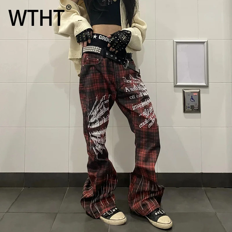 

WTHT Fashion Men's Plaid Letter Print Design Denim Pants Trendy 2025 Autumn High-waisted Loose Wide Leg Jeans Male 2A2422