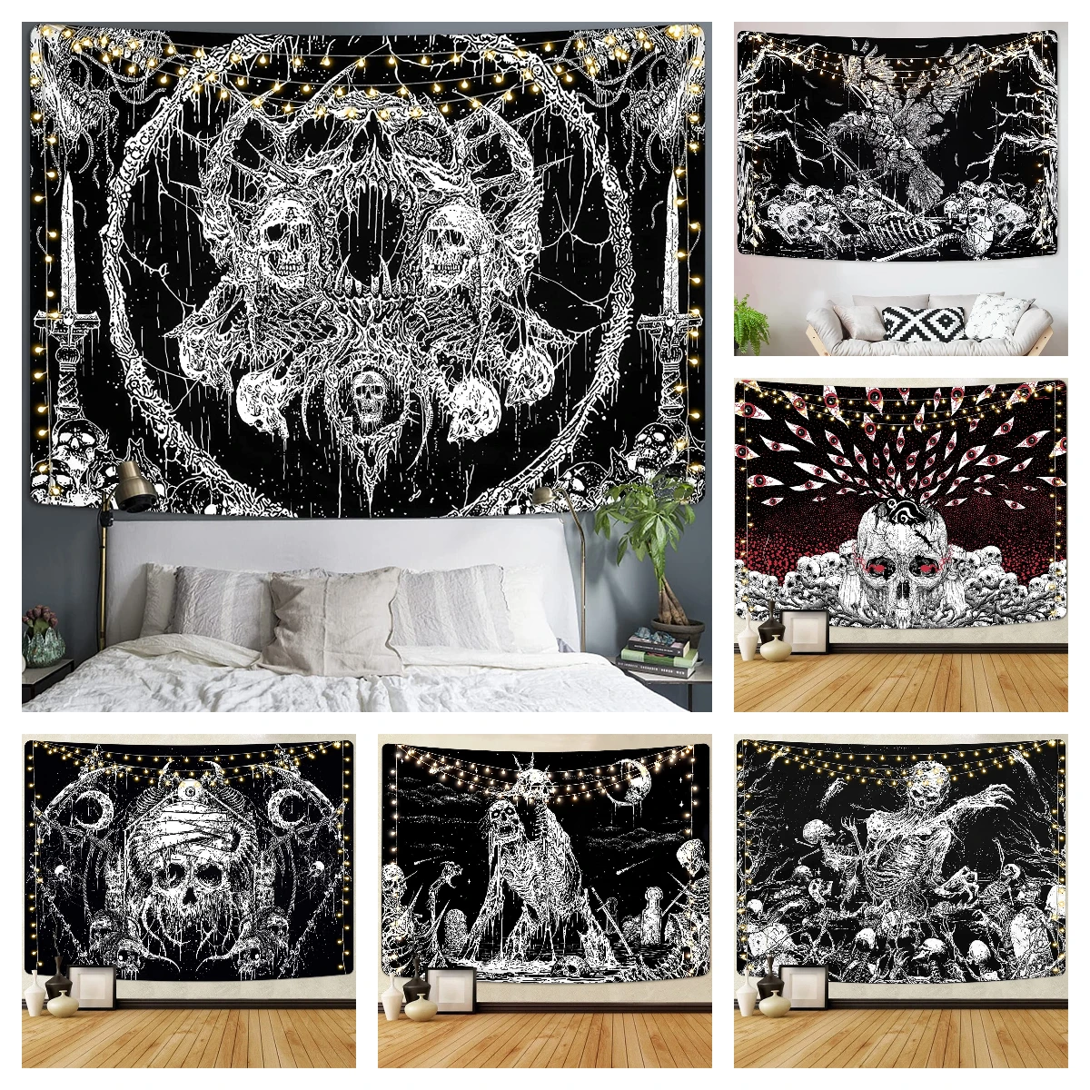 

Gothic Skull Tapestry Black and White Skeleton Tapestry Wall Hanging for Bedroom Hippie Eyes Boho Home Decor Trippy Moon Cloth