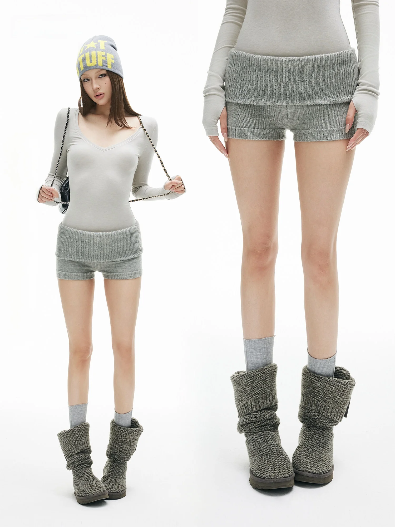 

High-Waisted Elastic Knitted Fabric Shorts Iamxiaa Casual Style Pure Color Polyester Nylon Blend Comfortable Slim-Fit Shorts