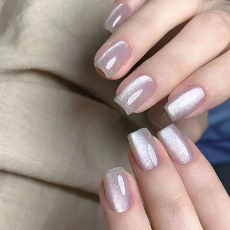 

24Pcs Cat Eye Glitter Nails Short Square Glossy Press on Nails Cute Gradient Glow Ballet Fake Nails with Jelly Glue Detachable