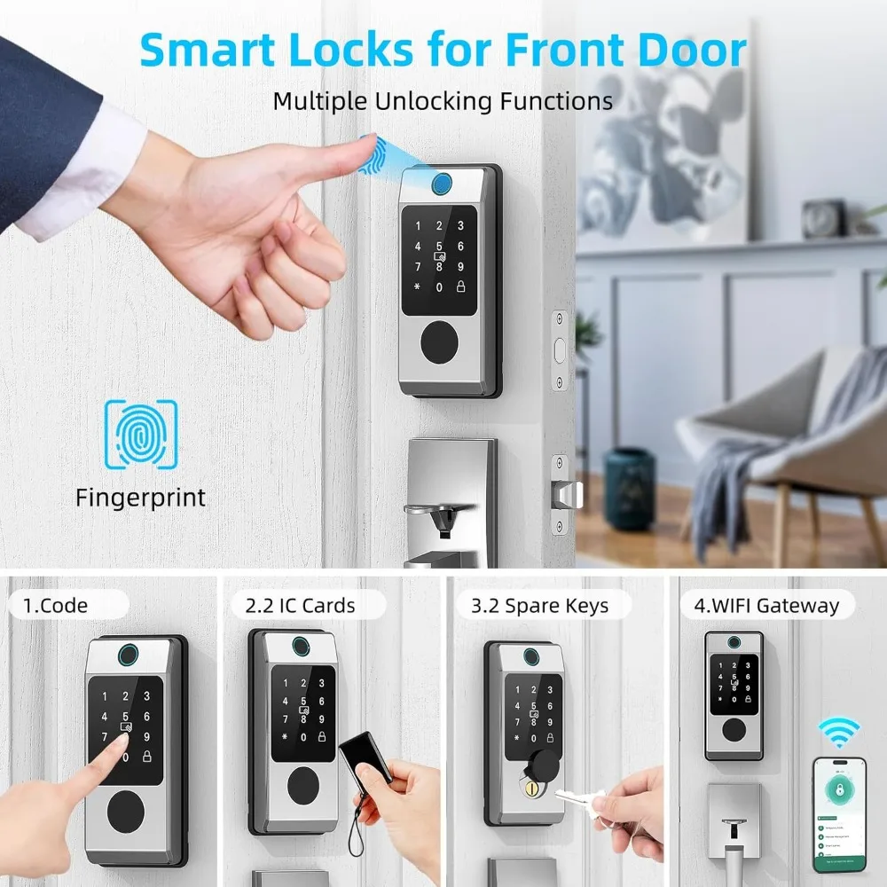 WiFi-Fronttürschloss-Set – Miuedo Keyless Entry Türschlösser-Griff-Set, Fingerabdruck Smart Alexa Keypad – Smart Deadbolt Lock mit