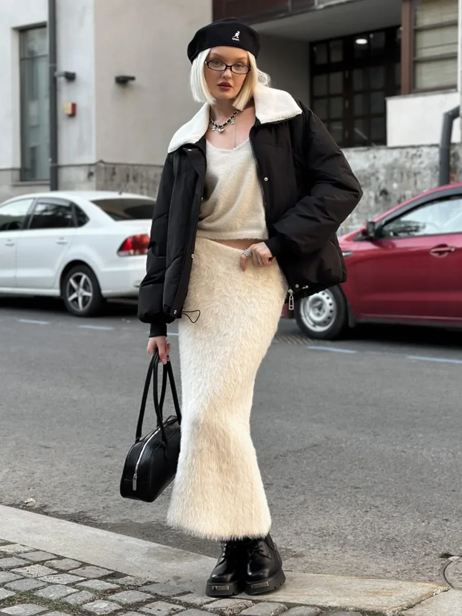 Herfst Winter Nieuwe dames hoog getailleerde slim fit gebreide maxirok Warme winddichte trendy lange rok voor koud weer