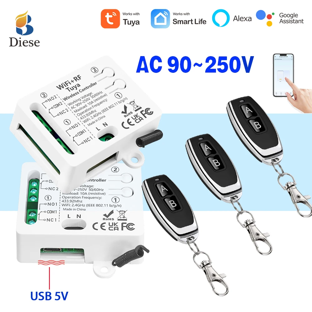 WIFI Tuya Wireless 433mhz Universal Remote Control Switch AC110V 220V 2Ch Dry Relay Receiver for Garage Door Gate Lock Light