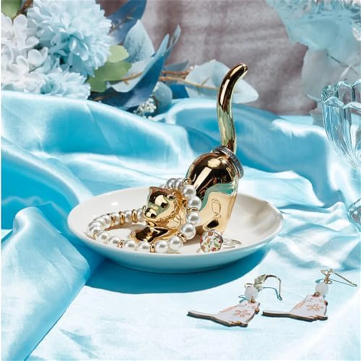 Cats Posture Ring Holder Golden Kitty Tail Dish Jewelry Tray Ring Round Dishes Trinket Tray Ceramic Jewelry Storage Home