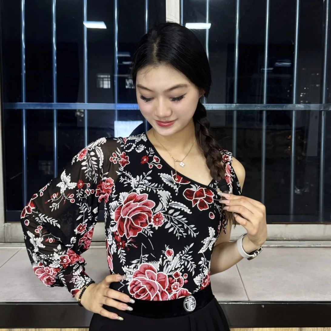 قطع علوية للرقص اللاتيني مطبوعة بالزهور ملابس رقص نسائية بأكمام طويلة ملابس رقص للكبار ملابس ممارسة الرقص اللاتينية DNV25285