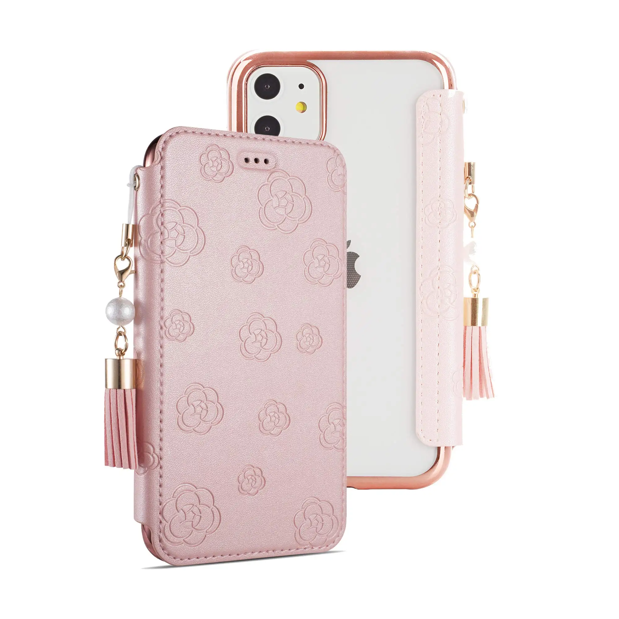 

Stylish Leather Camellia Flower Flip Phone Case With Transparent Shell With Mirror For IPhone 15 14 13 12 11 Pro Plus X XS XR