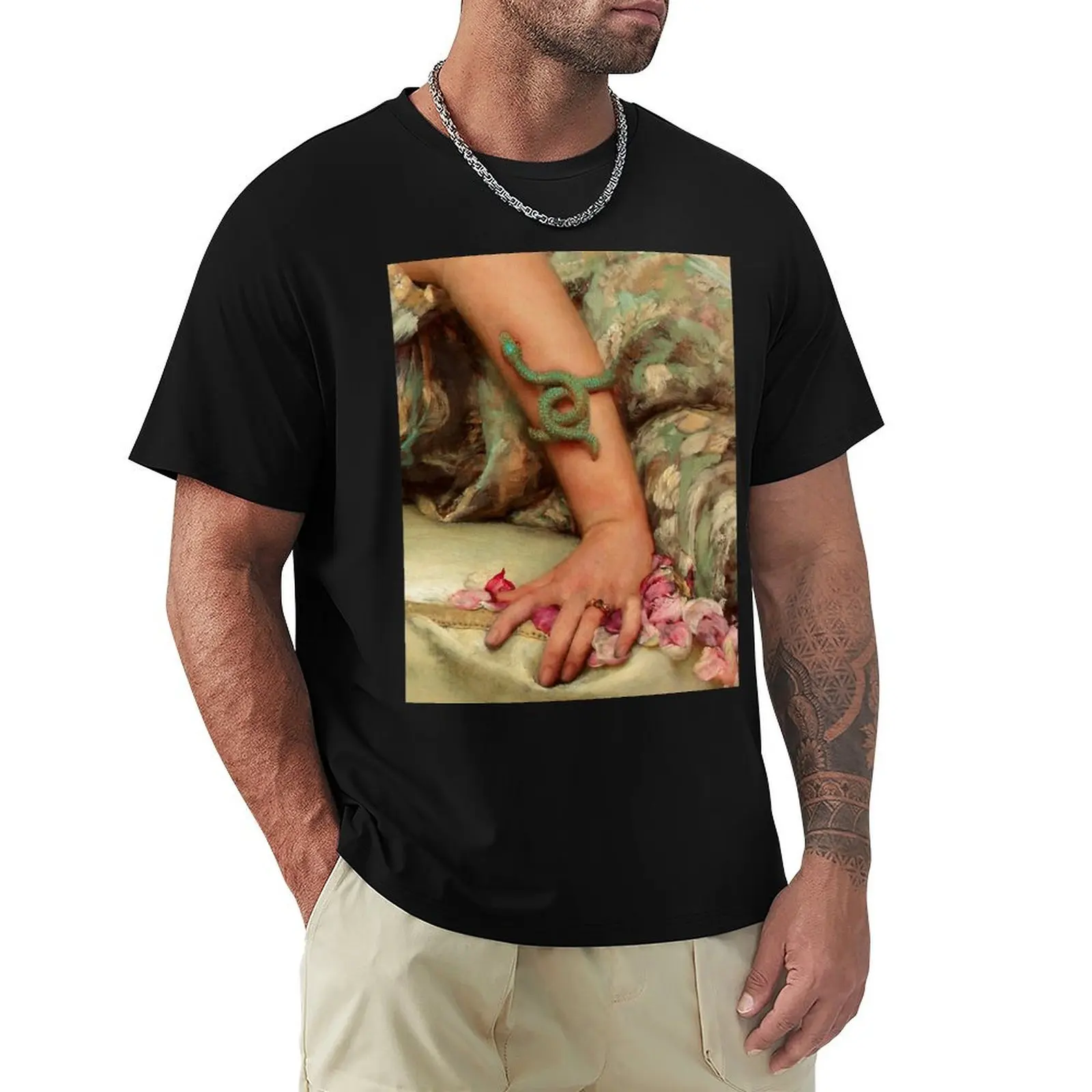 

Pre-Raphaelite Woman's hand with Serpent bracelet Rose Petals detail T-Shirt Trend Art Print T-Shirt