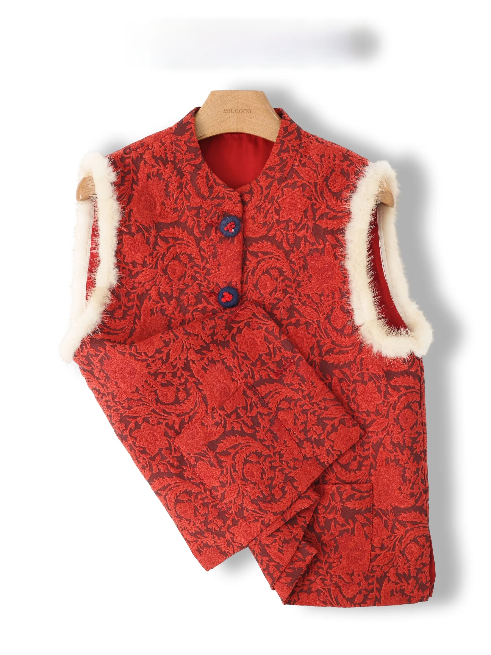 

Retro Fashionable New Chinese Style Mink Fur Patchwork Embroidery Stand Collar Button up Vest National Style Shoulder Pad Top
