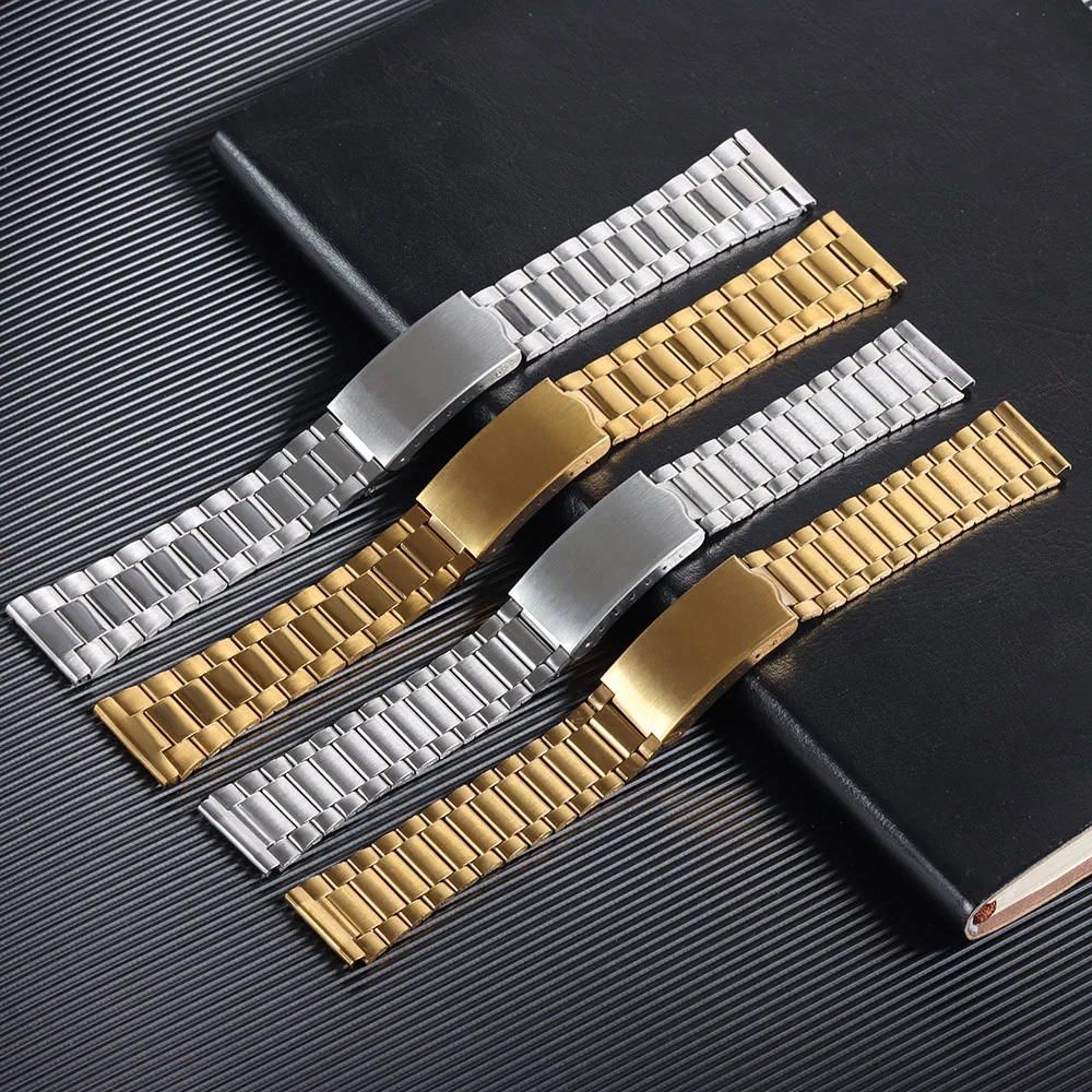 Stainless Steel Watch Band 12mm 14mm 18mm 20mm Metal Bracelet Folding Buckle Universal Watch Strap Silver Gold for Men Women