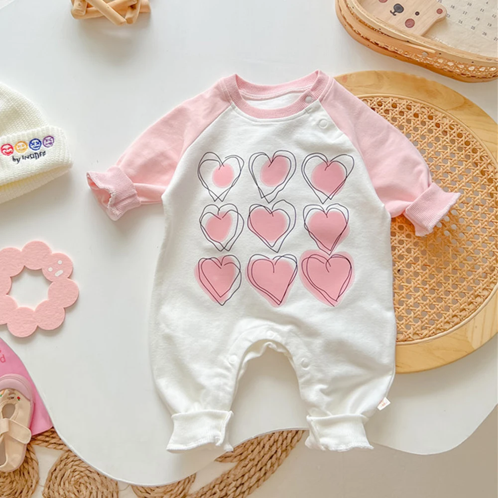 

0-1Y Baby Newborn Romper Jumpsuit Autumn Splicing One Piece Toddler Clothing Long Sleeve Printed Heart Infant Bodysuit Set