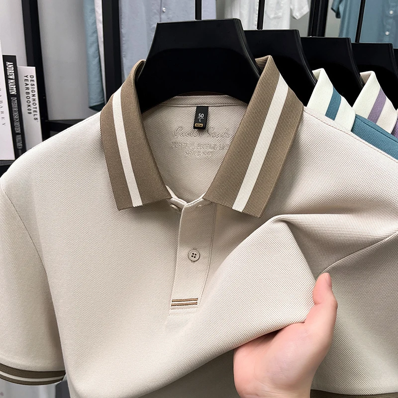 Trend brand men polo shirt short sleeve summer breathable silk cotton new comfort casual personality color blocked lapel T-shirt