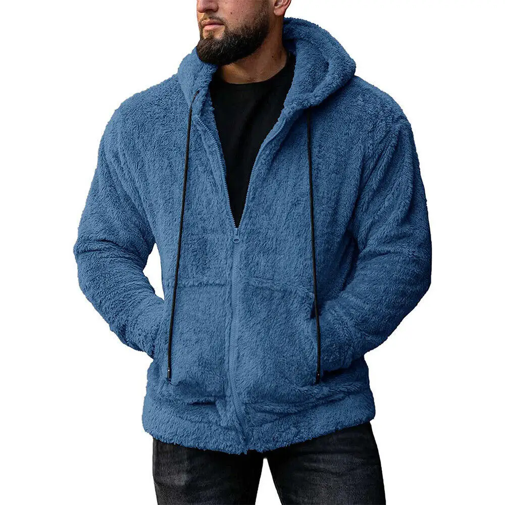 Autumn Winter Men Casual Fleece Cardigan Hooded Zipper Jacket Fashion Male Warm Streetwear Drawstring Hooded Sweater