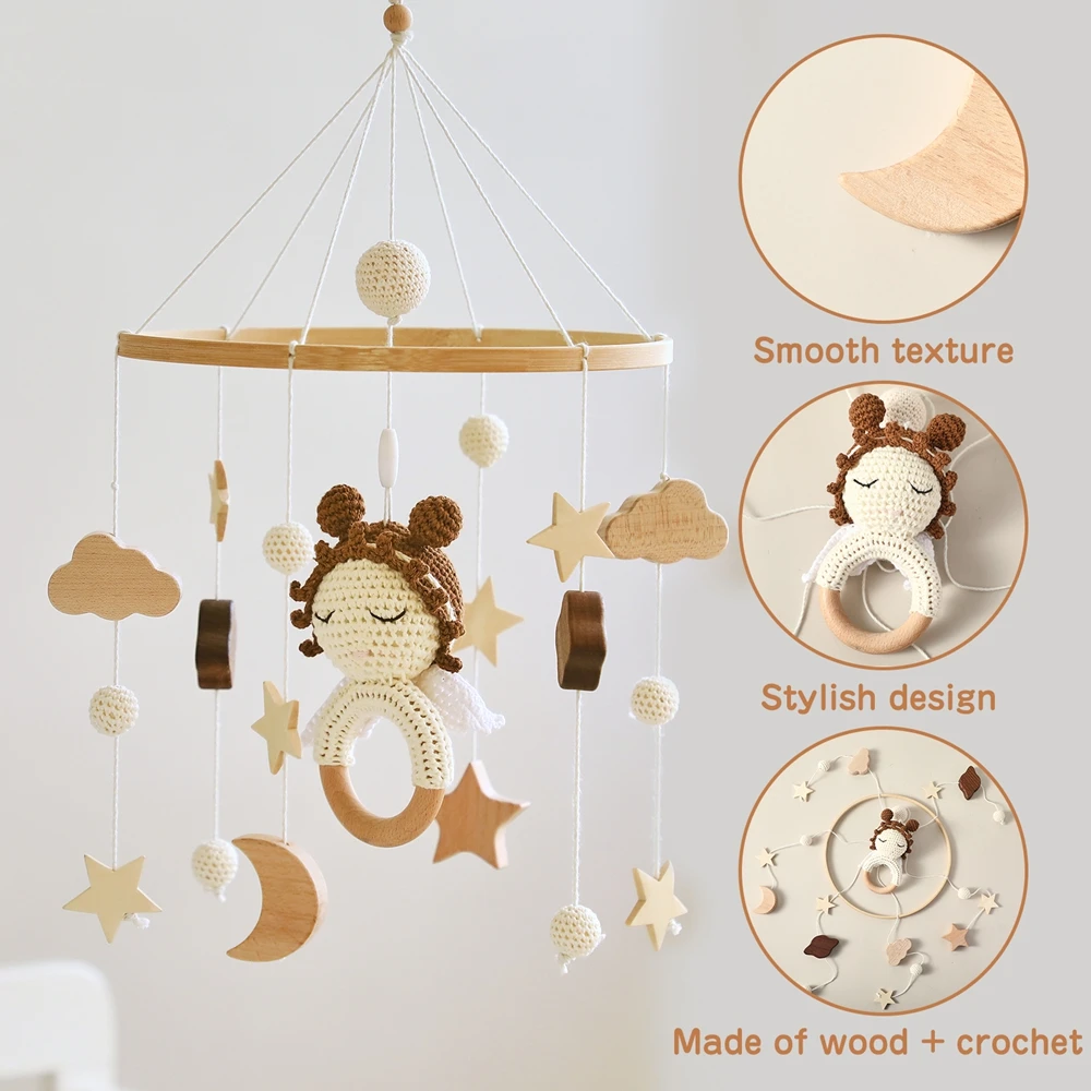 Wooden Crib Mobile Baby Bed Bell Rattle Toy Crochet Cartoon Angel Mobile Hanging Newborn Music Box Bed Bell Hanging Bracket Toy