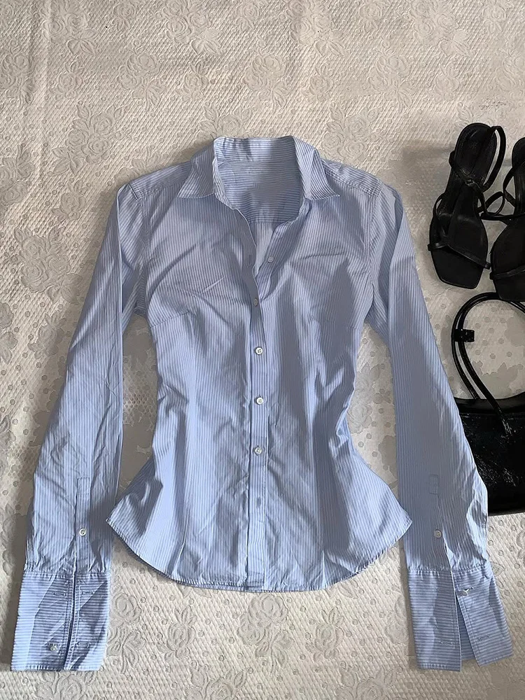 

Original Retro Waist-Cinching Slim Blue Striped Women's irt Luxury Youthful Faionable Cotton Blend Long Sve Ne