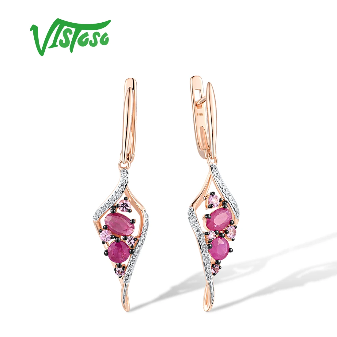 

VISTOSO 14K 585 Pure Rose Gold Earrings For Women Sparkling Diamond Glamorous Ruby Delicate Wedding Anniversary Fine Jewelry