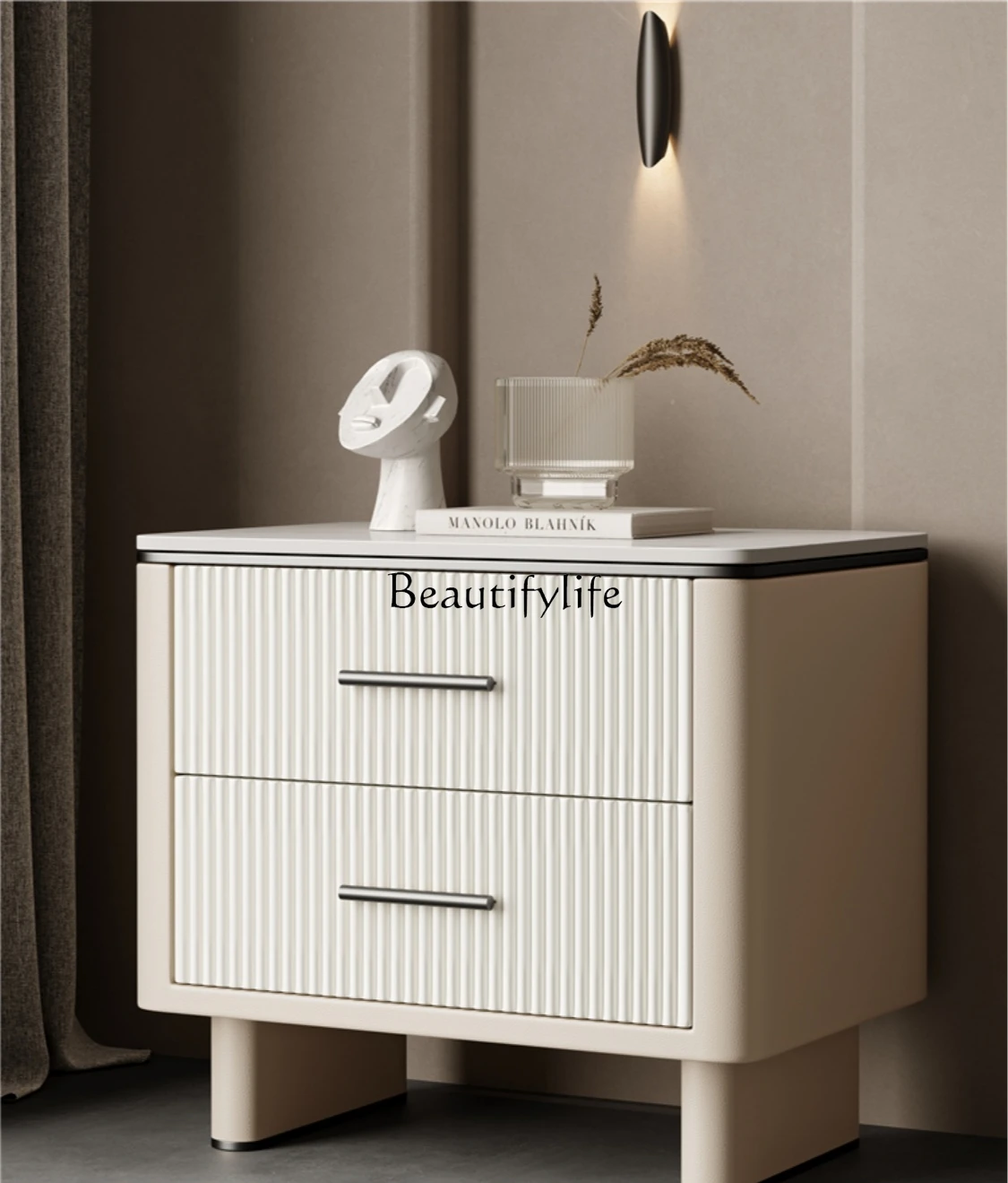 

Bedside table Italian minimalist light luxury rock slab countertop all solid wood frame