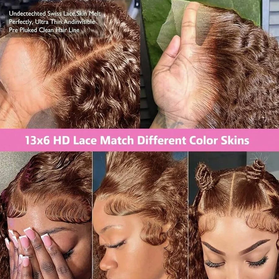 Schokoladenbraune Wasserwellen-Echthaarperücke 13x6 HD Lace Front Perücken Vorgezupfte Kleberlose Perücke Unsichtbare HD Lace Full Frontal Perücken – Detail 6