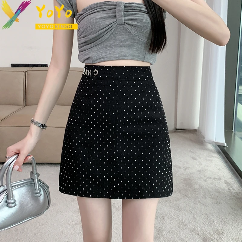 

2024 Fashion Elegant Hot Diamond Solid Color Short Skirt Women New Korean High-waisted Slim Bodycon Casual Sexy Skirt