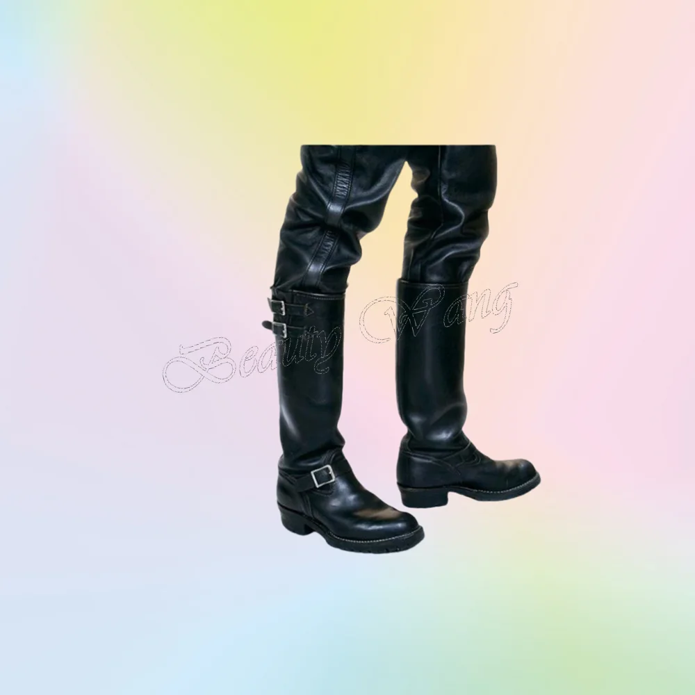 

Black Side Belt Decor Boots Knee High Round Toe Shoes for Women Stilettos High Heels Sexy Party Shoes 2024 Zapatos Para Mujere