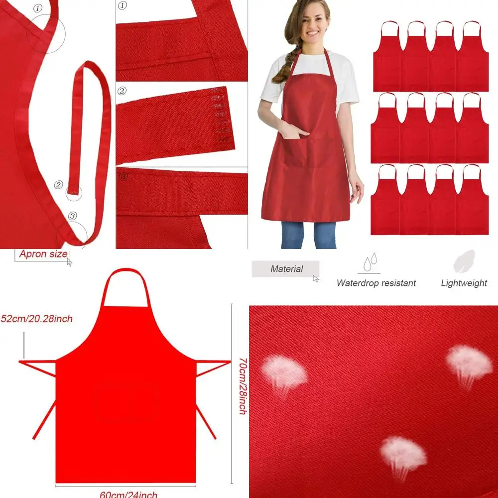 

Red Chef Aprons with 2 Pockets - Unisex Bulk Set for Cooking and Baking (24x28 inches)