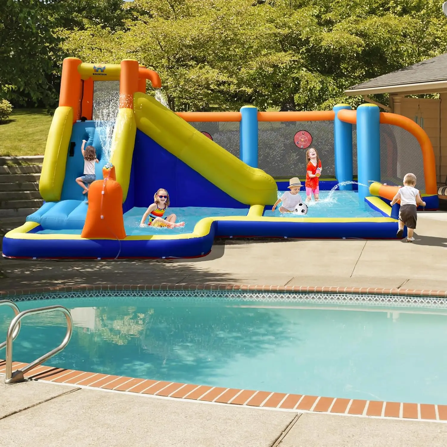 Nadmuchiwana zjeżdżalnia wodna z dmuchawą 735w, gigantyczny Park wodny do piłki nożnej, Bounce House z bramkami na zewnątrz, brodzik, zjeżdżalnie wodne