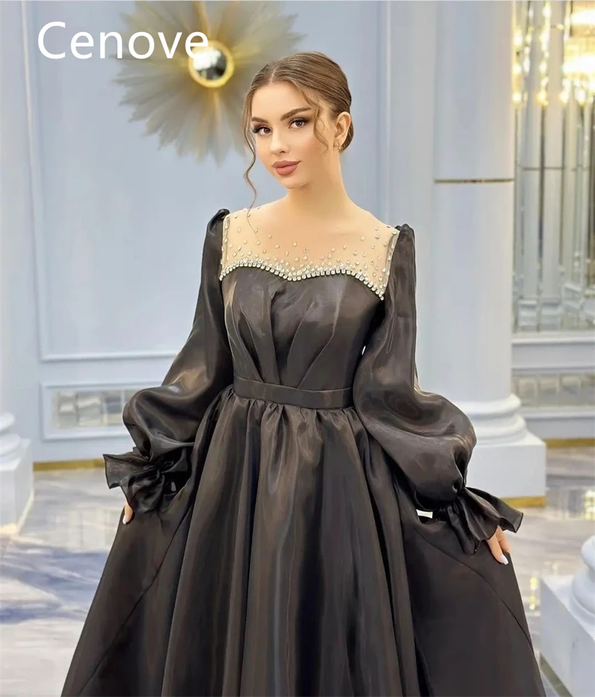 Cenove Black Off-the-shoulder Neck Prom Dress Long Sleeves With Floor Length Draped Evening Summer Elegant Party Dress For Women