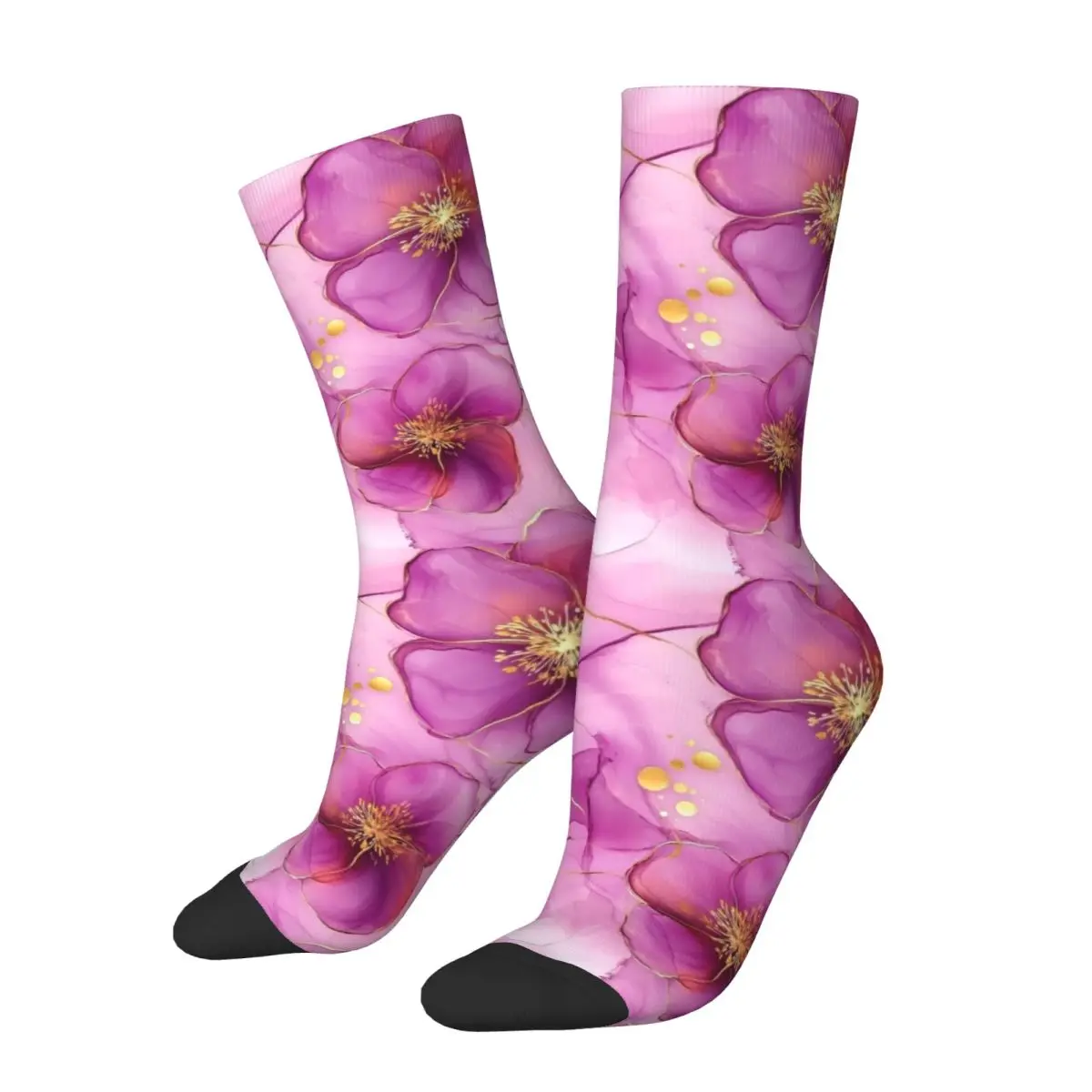 Pink Alcohol Ink Flowers Socks Harajuku Super Soft Stockings All Season Long Socks Accessories for Unisex Christmas Gifts