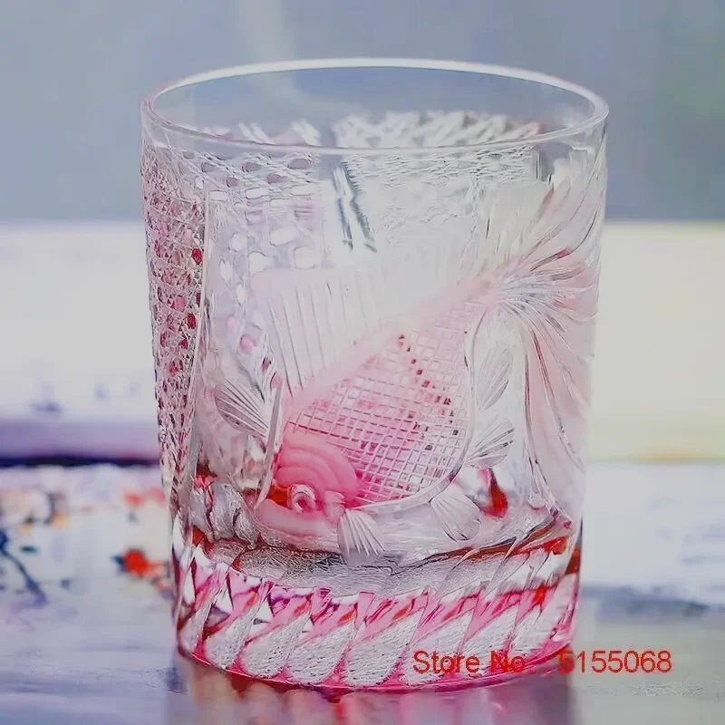 Pink Crystal Wine Glass Exquisite Carving Goldfish Edo Kiriko Wineglass Whiskey Cup Brandy Snifter Whisky Rock Tumbler For Women