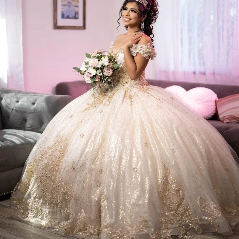 

Angelsbridep Shiny Light Champagne Ball Gown Quinceanera Dresses 2025 Sweet 16 Dress vestidos de xv años Long Sleeves